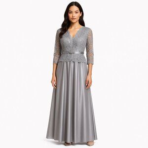 Emma Street Lace Beaded Formal Evening Gown Silver Gray Sz 8